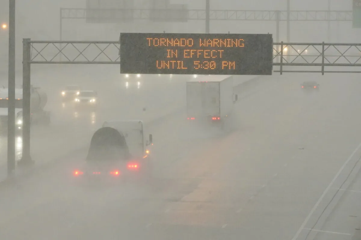 A rainstorm along I-55 southbound in Jackson, Miss., during the outbreak of severe weather in the state, on March 30, 2022. (Rogelio V. Solis/AP Photo)