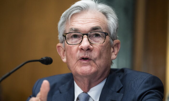 Federal Reserve Chairman Jerome Powell testifies before the Senate Banking Committee hearing, on Capitol Hill on March 3, 2022. (Tom Williams/Pool via AP)