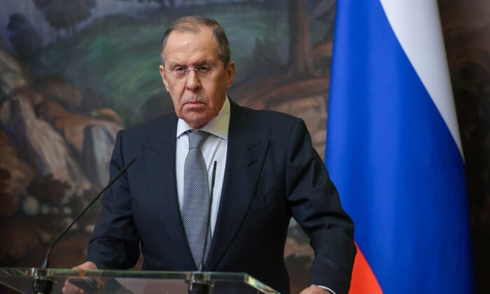 Russia's Foreign Minister Sergei Lavrov attends a news conference following talks with Syria's Foreign Minister Faisal Mekdad in Moscow, Russia, on Feb. 21, 2022. (Russian Foreign Ministry/Handout via Reuters)