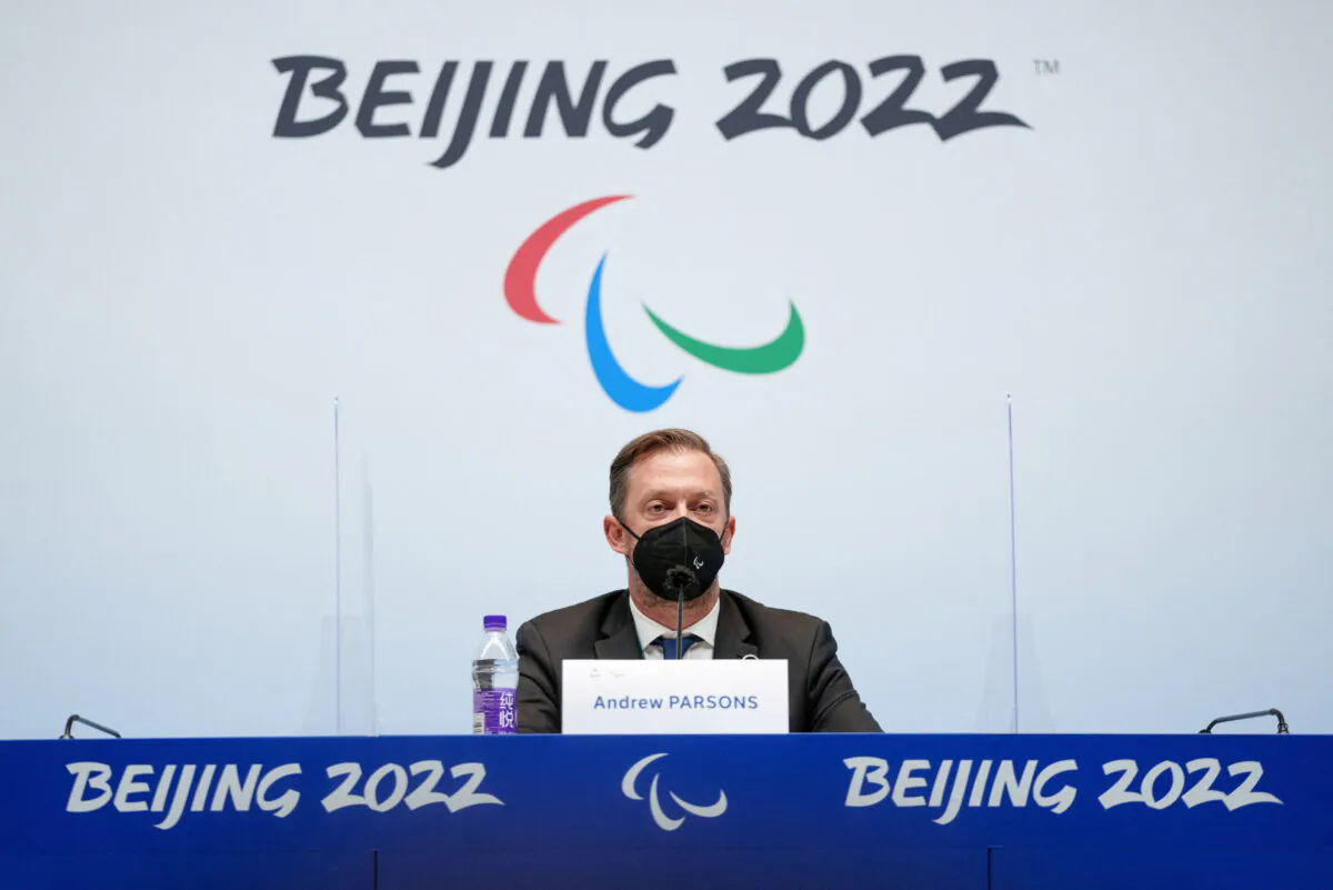 International Paralympic Committee (IPC) president Andrew Parsons speaks during a IPC press conference in Beijing on March 3, 2022. (Thomas Lovelock/OIS/Handout via Reuters)