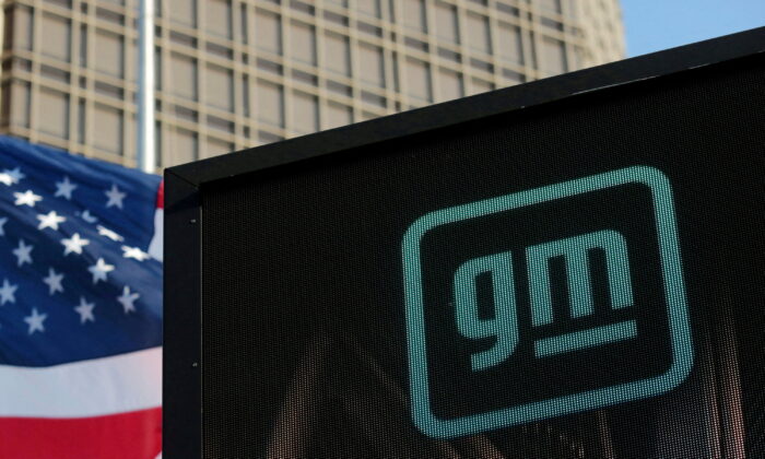 The GM logo is seen on the facade of the General Motors headquarters in Detroit, on March 16, 2021. (Rebecca Cook/Reuters)