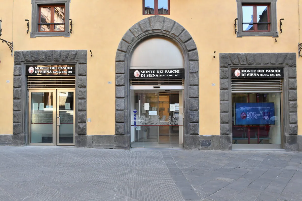 General view of a branch of Monte dei Paschi di Siena (MPS), the oldest bank in the world, which is facing massive layoffs as part of a planned business merger, in Siena, Italy, on Aug. 11 2021.   (Jennifer Lorenzini/Reuters)