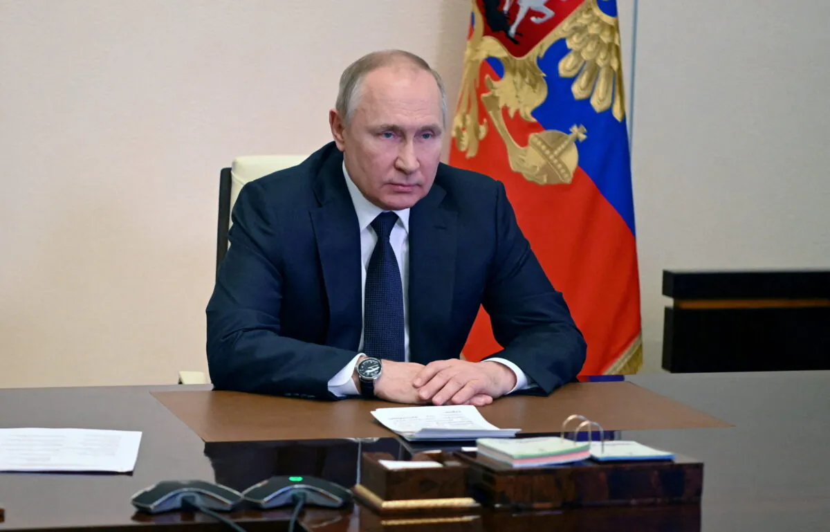 Russian President Vladimir Putin chairs a meeting with members of the Security Council via a video link at the Novo-Ogaryovo state residence outside Moscow, on March 3, 2022. (Sputnik/Andrey Gorshkov/Kremlin via Reuters)