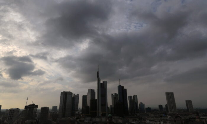 Dark clouds are seen over the skyline with its bank towers in Frankfurt, Germany, on Oct. 23, 2016. (Kai Pfaffenbach/Reuters)
