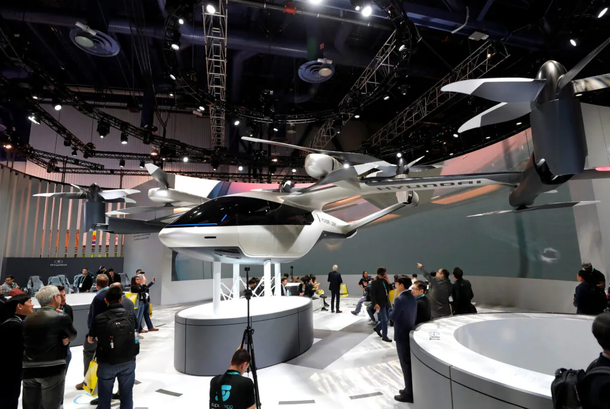 The S-A1, an electric flying taxi developed with Uber, is displayed in the Hyundai  booth during the 2020 CES in Las Vegas, on Jan. 7, 2020. (Steve Marcus/Reuters)