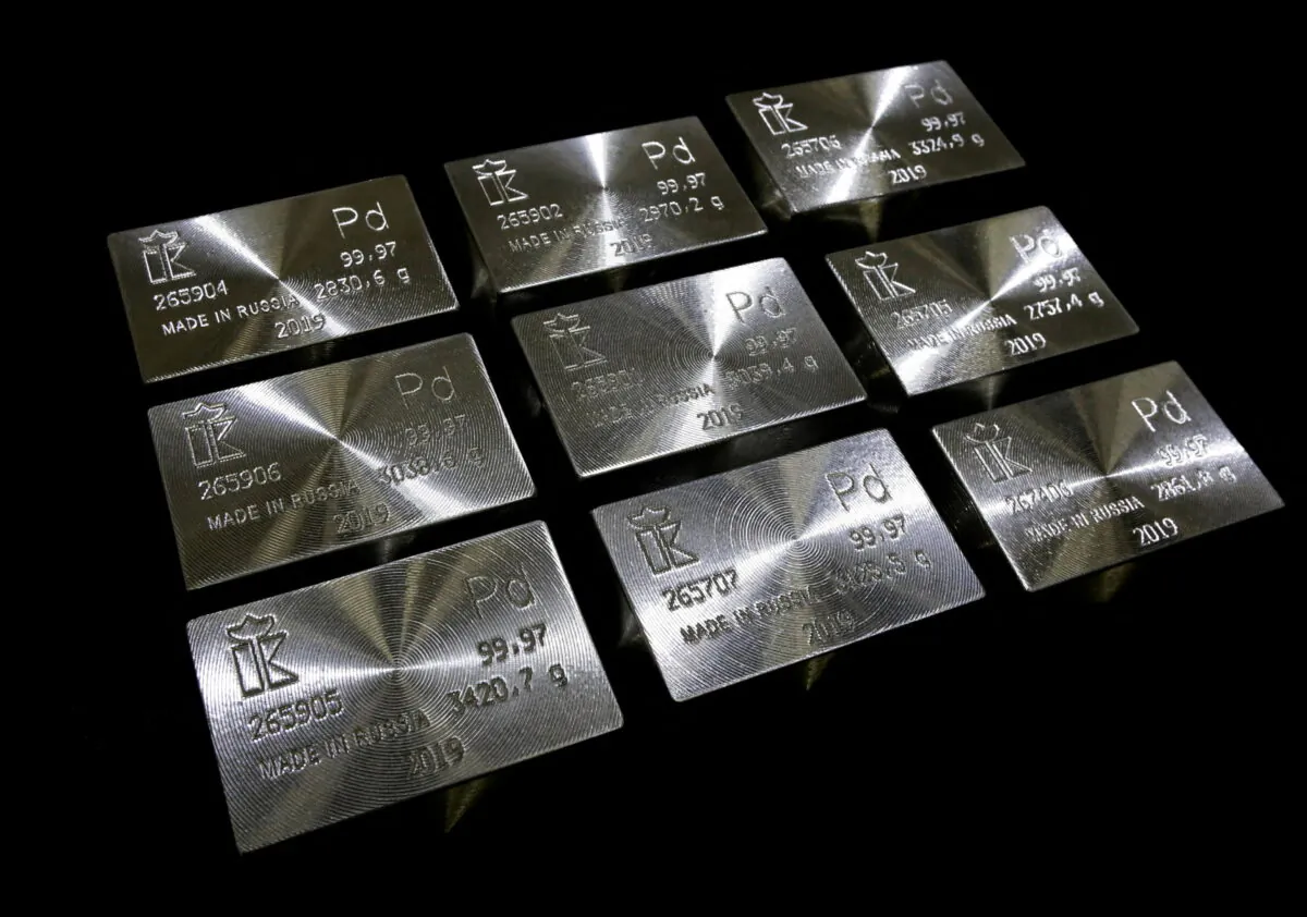 Ingots of 99.97 percent pure palladium are stored at a plant owned by Krastsvetmet, one of the world's biggest manufacturers of non-ferrous metals, in Krasnoyarsk, Russia, on April 9, 2019. (Reuters)