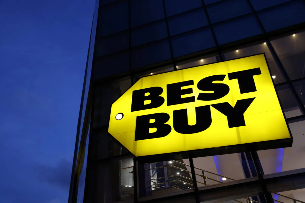 The Best Buy logo is seen at a store in Manhattan, New York City, on Nov. 22, 2021. (Andrew Kelly/Reuters)