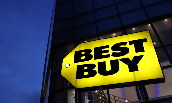 The Best Buy logo is seen at a store in the Manhattan borough of New York City on Nov. 22, 2021. (Andrew Kelly/Reuters)
