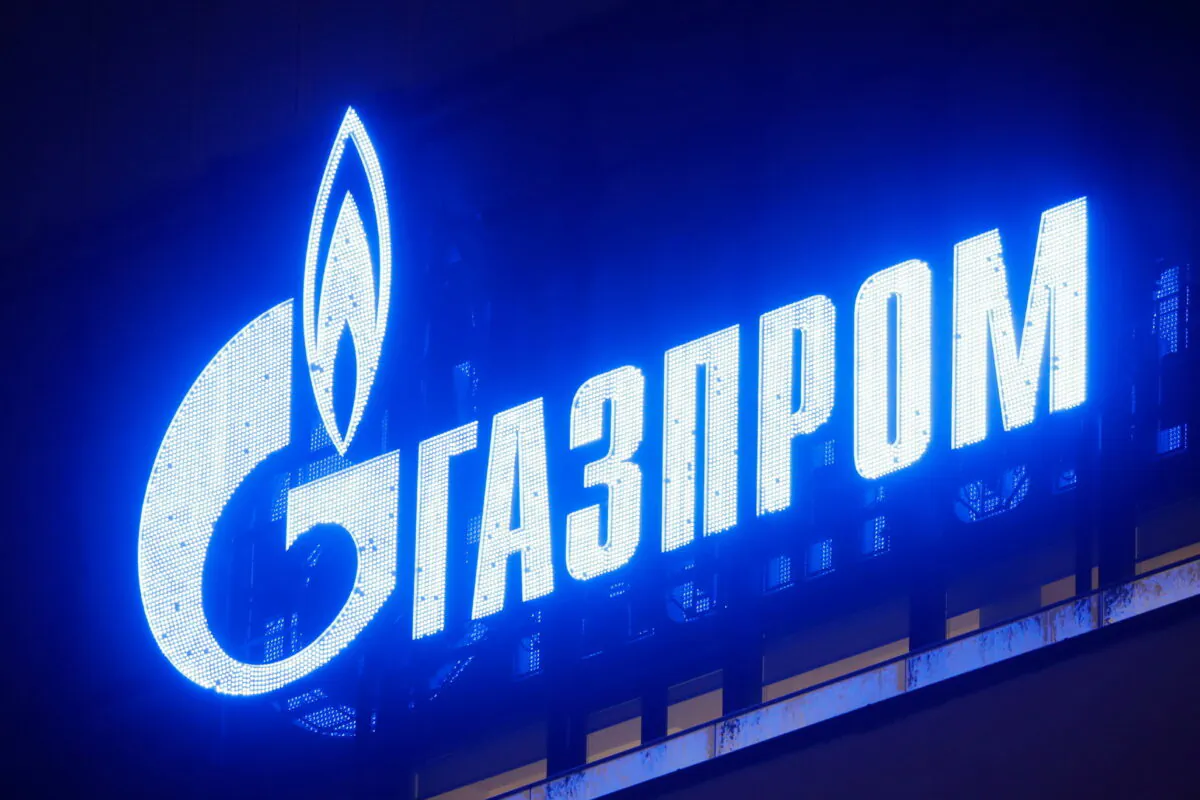 The logo of Gazprom company is seen on the facade of a business center in Saint Petersburg, Russia, on Jan. 26, 2022. (Anton Vaganov/Reuters)