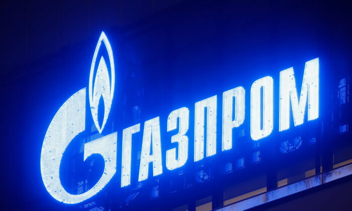 The logo of Gazprom company is seen on the facade of a business center in Saint Petersburg, Russia, on Jan. 26, 2022. (Anton Vaganov/Reuters)