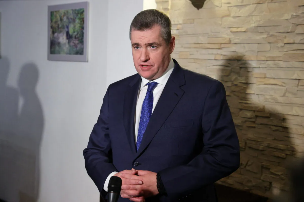 Russia's State Duma member Leonid Slutsky speaks to the media after the talks with Ukrainian officials in the Brest region of Belarus on March 7, 2022. Maxim Guchek/BelTA via Reuters) 