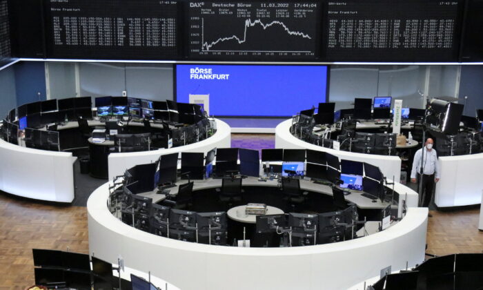 The German share price index DAX graph is pictured at the stock exchange in Frankfurt, Germany, on March 11, 2022. (Staff/Reuters)