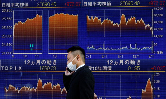 A man wearing a protective mask, amid the coronavirus disease (COVID-19) outbreak, walks past an electronic board displaying graphs (top) of Nikkei index outside a brokerage in Tokyo, Japan, on March 10, 2022. (Kim Kyung-Hoon/Reuters)