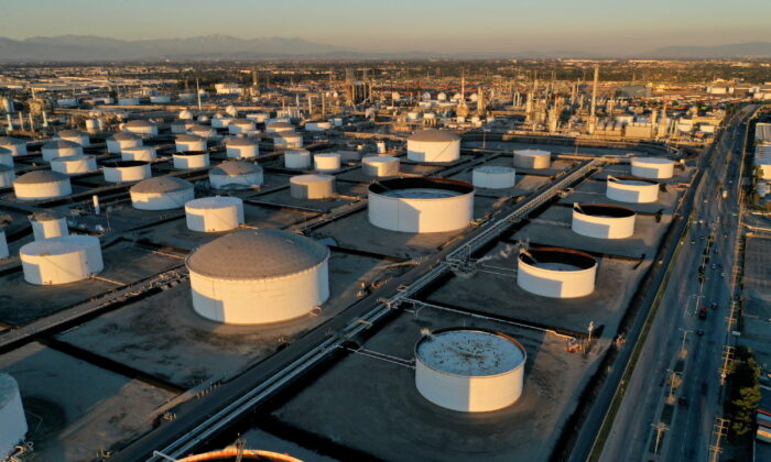 Storage tanks are seen at Marathon Petroleum's Los Angeles Refinery, which processes domestic and imported crude oil into California Air Resources Board (CARB), gasoline, diesel fuel, and other petroleum products, in Carson, California, on March 11, 2022. (Bing Guan/Reuters)