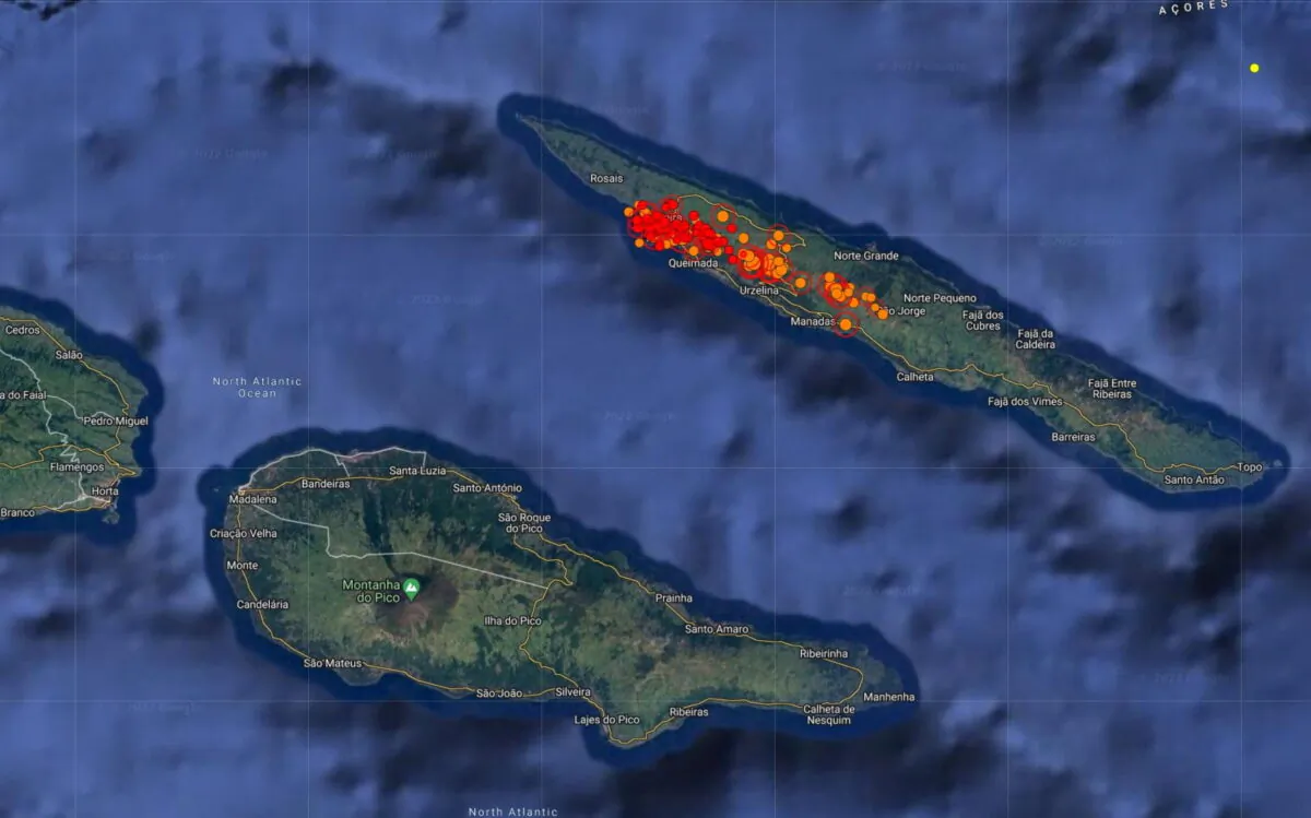 Satellite map shows seismic activity at Sao Jorge island after around 1,100 small earthquakes have rattled one of Portugal's mid-Atlantic volcanic islands in less than 48 hours in Azores islands, Portugal. on March 21, 2022. (Azore's Seismovolcanic Surveillance and Information Center/ Handout via Reuters)