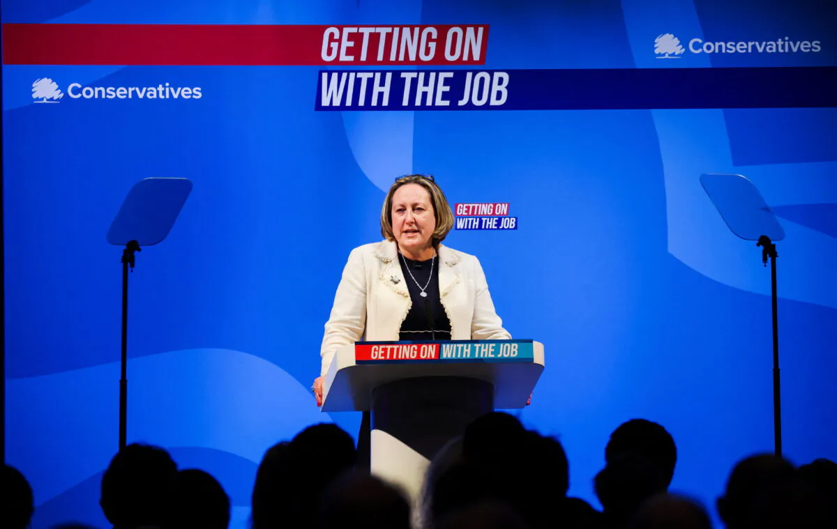 British International Trade Secretary Anne-Marie Trevelyan speaks at the Conservative Party Spring Conference in Blackpool, Britain, on March 18, 2022. (Phil Noble/Reuters)