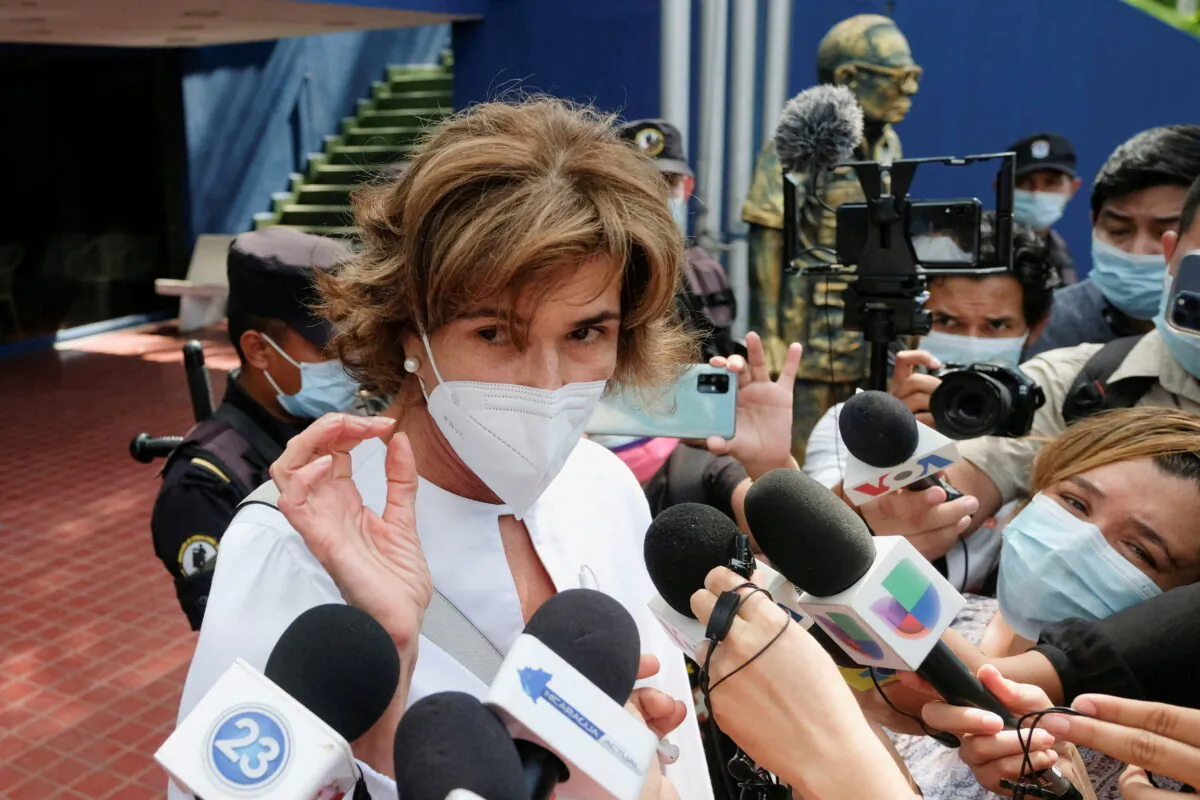 Cristiana Chamorro talks to the media outside the Interior Ministry, in Managua, Nicaragua, on May 20, 2021. (Carlos Herrera/Reuters)
