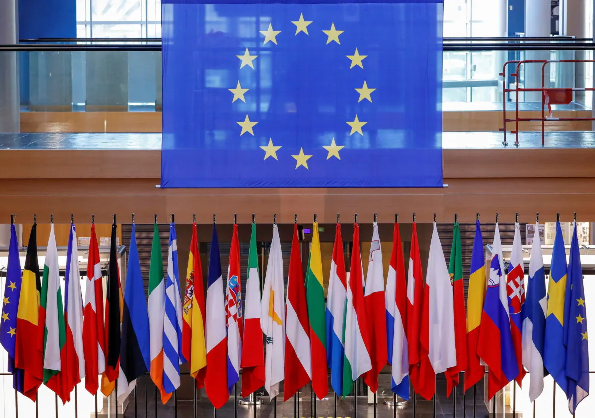 European flags are displayed at the European Parliament in Strasbourg, France, on Nov. 24, 2021. (Julien Warnand/via Reuters)