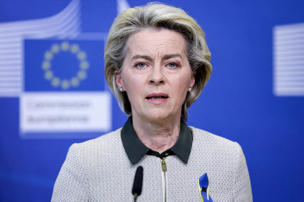 European Commission President Ursula von der Leyen delivers a statement before her meeting with the Italian Prime Minister Mario Draghi at the headquarters of the European Commission in Brussels, Belgium on March 7, 2022 (Kenzo Tribouillard/Pool via File Photo/Reuters)