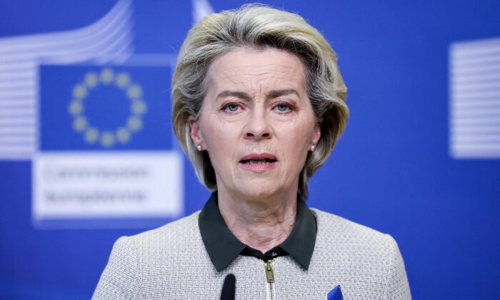 European Commission President Ursula von der Leyen delivers a statement before her meeting with the Italian Prime Minister Mario Draghi at the headquarters of the European Commission in Brussels, Belgium on March 7, 2022 (Kenzo Tribouillard/Pool via File Photo/Reuters)