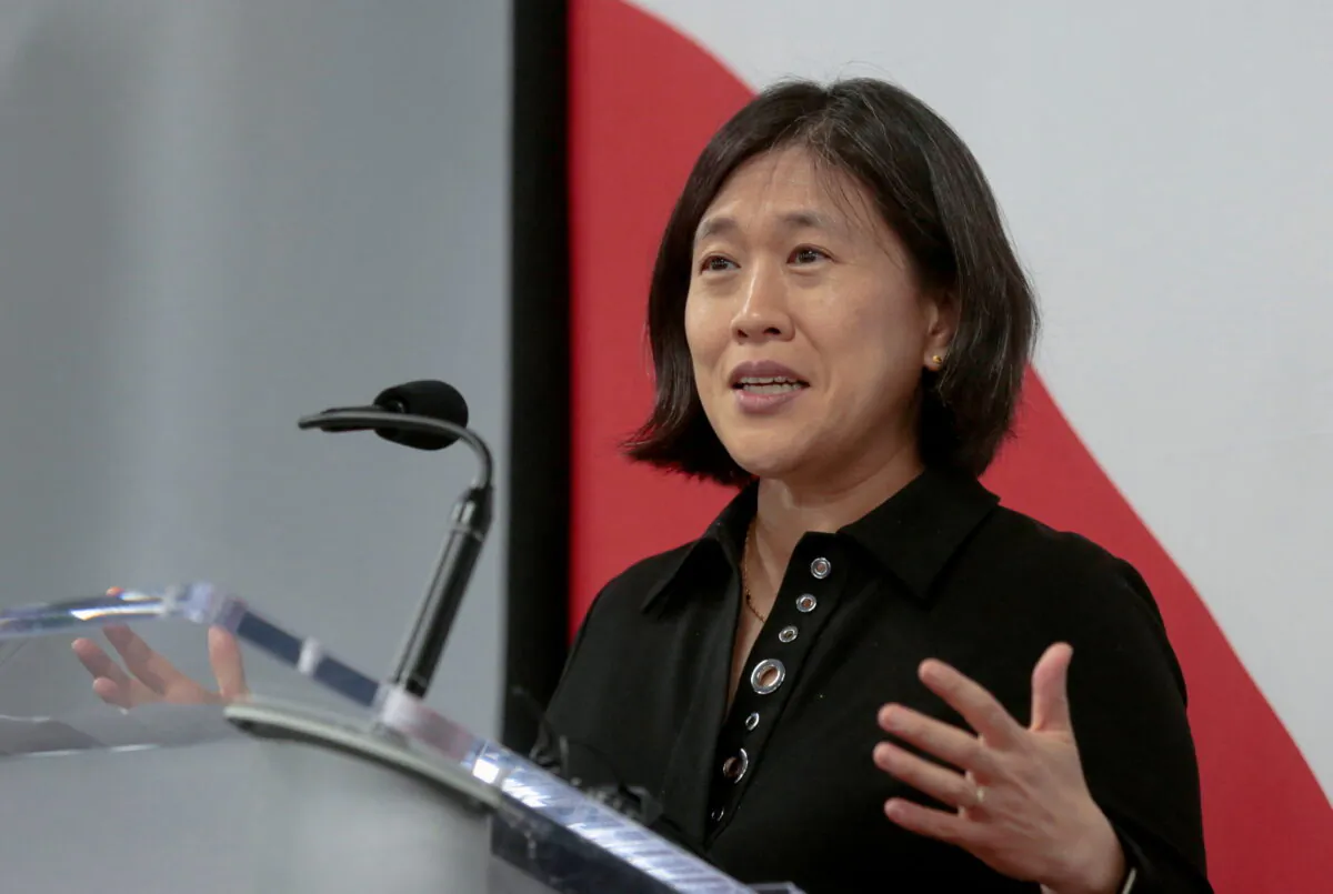 U.S. Trade Representative Ambassador Katherine Tai speaks to members of the media following a tour of a silicon wafer plant being expanded by South Korean semiconductor manufacturer SK Siltron CSS, in Bay City, Mich., on March 16, 2022. (Rebecca Cook/Reuters)