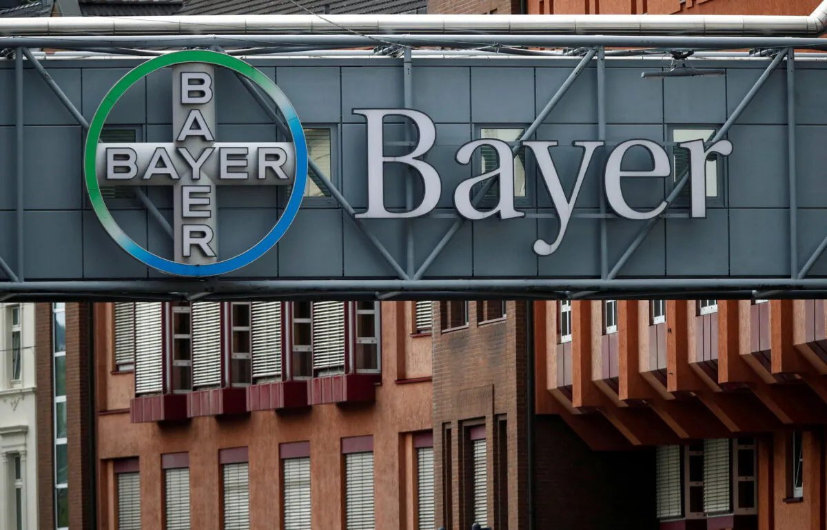 A bridge is decorated with the logo of a Bayer AG, a German pharmaceutical and chemical maker in Wuppertal, Germany, on Aug. 9, 2019. (Wolfgang Rattay/Reuters)