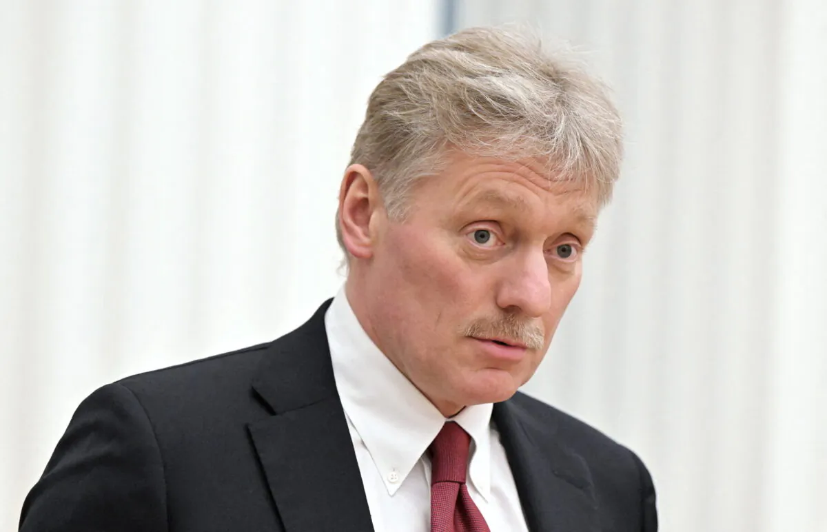 Kremlin spokesman Dmitry Peskov speaks at a press conference in Moscow, Russia, on Feb. 18, 2022. (Sputnik/Sergey Guneev/Kremlin via Reuters)
