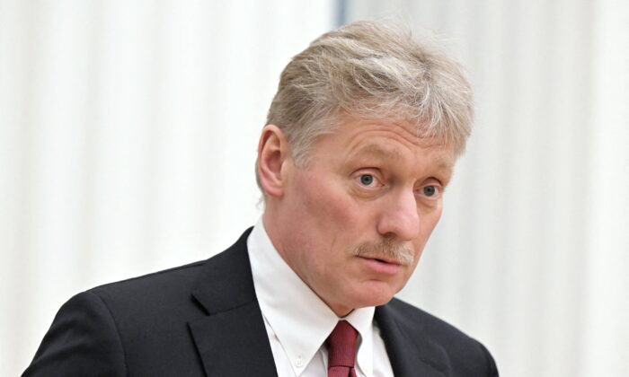 Kremlin spokesman Dmitry Peskov speaks at a press conference in Moscow, Russia, on Feb. 18, 2022. (Sputnik/Sergey Guneev/Kremlin via Reuters)