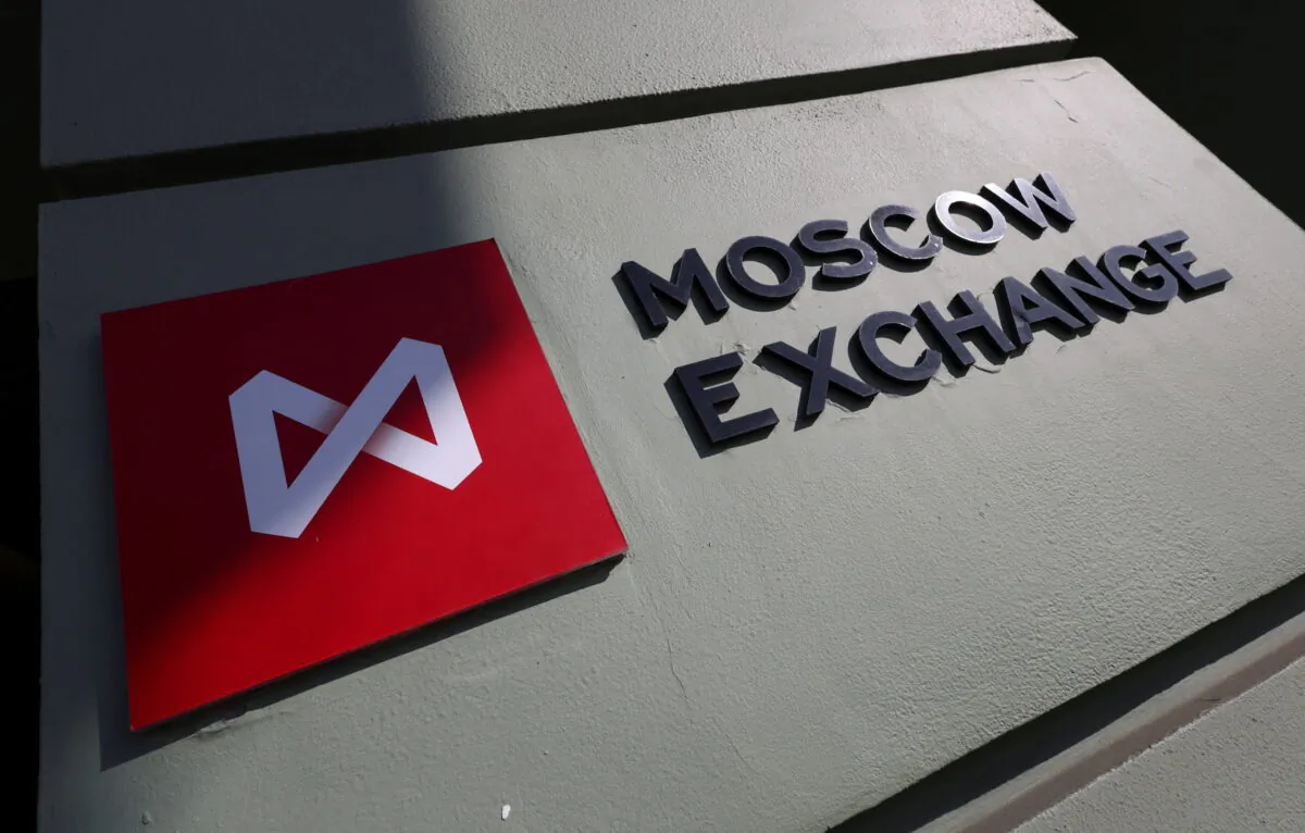 A board with the logo is on display outside the office of the Moscow Exchange in the capital city of Moscow, Russia, on March 24, 2022. (Maxim Shemetov/Reuters)