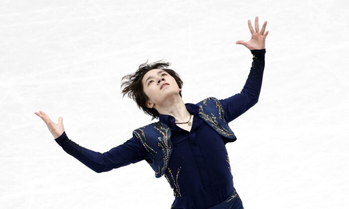 Japan's Shoma Uno in action during the men's free skating at the World Figure Skating Championships in Montpellier, France, on March 26, 2022. (Juan Medina/Reuters)