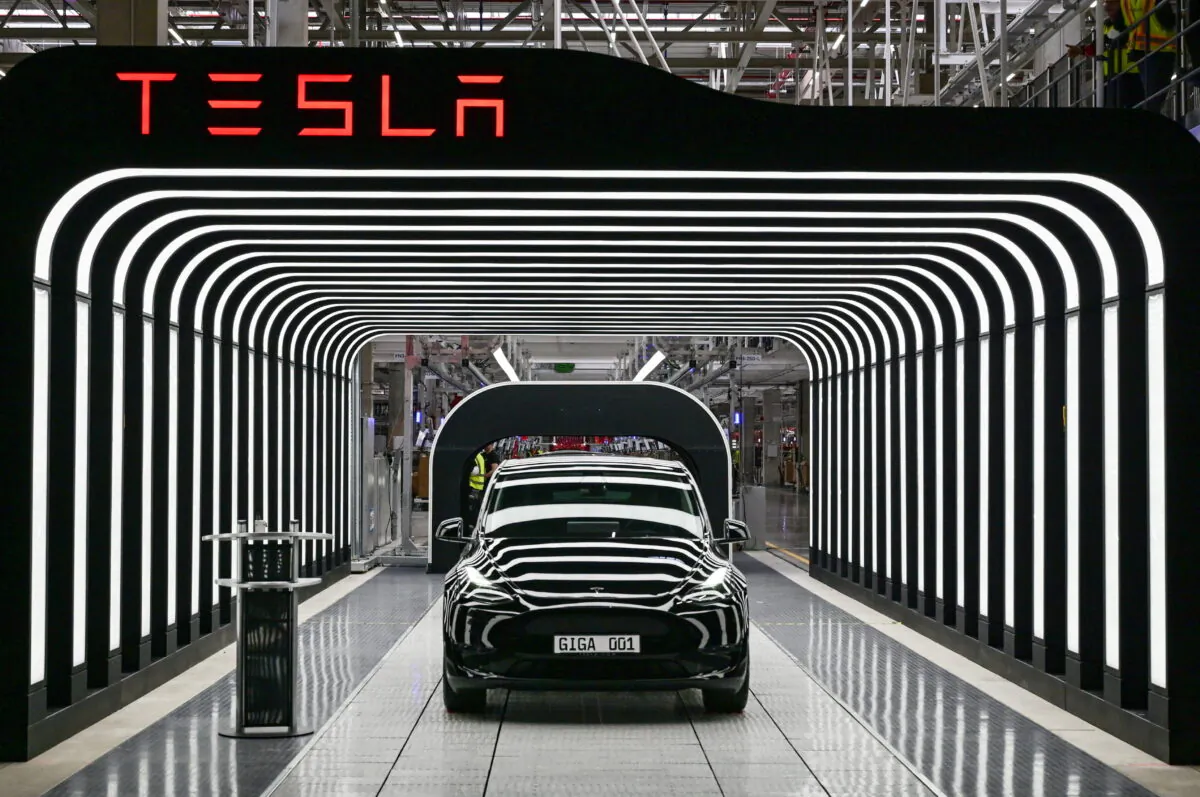 Model Y cars are pictured during the opening ceremony of the new Tesla Gigafactory for electric cars in Gruenheide, Germany, on March 22, 2022. (Patrick Pleul/Reuters)
