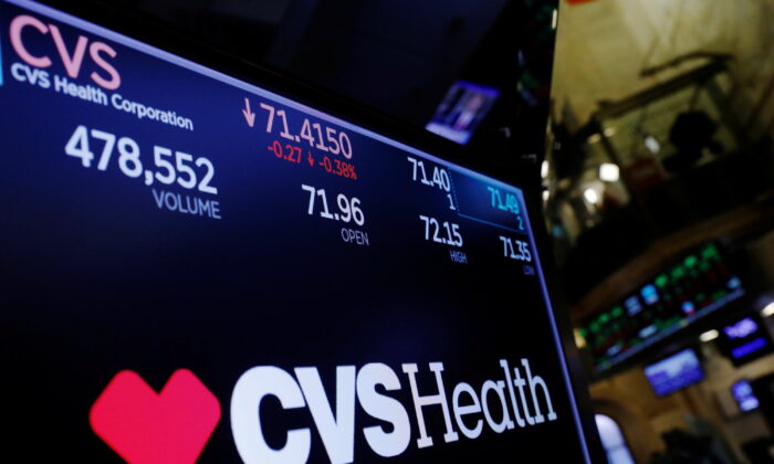 A logo of CVS Health is displayed on a monitor above the floor of the New York Stock Exchange shortly after the opening bell in New York, on Dec. 5, 2017. (Lucas Jackson/Reuters)