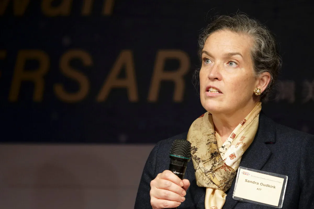 American Institute in Taiwan (AIT) Director Sandra Oudkirk speaks at an event marking the 70th anniversary of American Chamber of Commerce (AmCham) in Taipei, Taiwan, on Dec. 8, 2021. (Fabian Hamacher/Reuters)