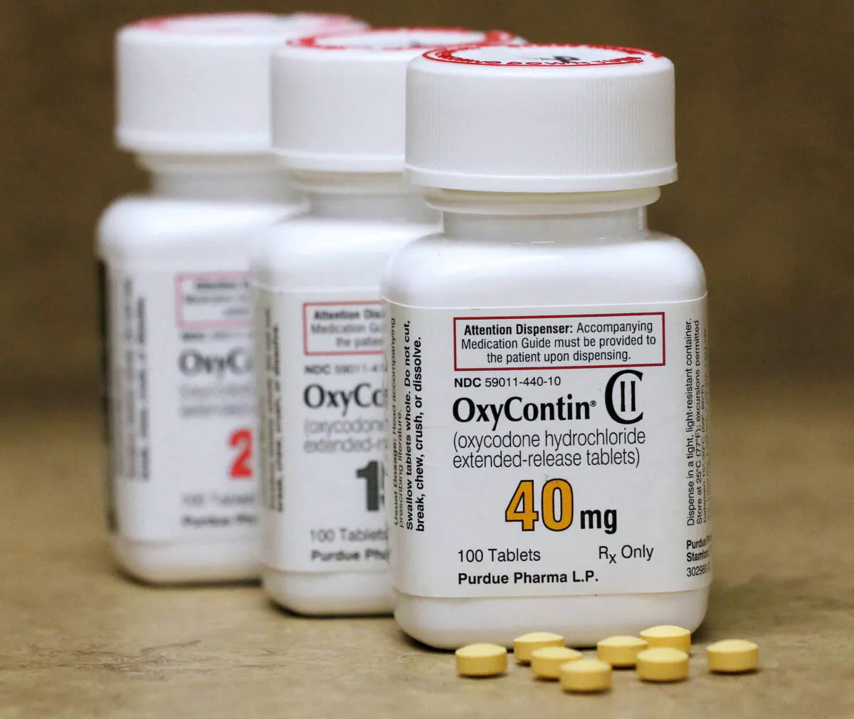 Bottles of prescription painkiller OxyContin pills, made by Purdue Pharma LP sit on a counter at a local pharmacy in Provo, Utah, on April 25, 2017. (George Frey/Reuters)