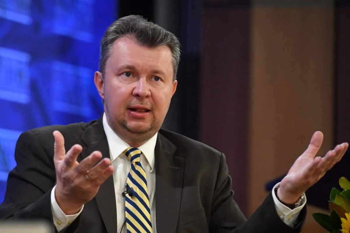 Ukraine’s Embassy to Australia Chargé d`Affaires Volodymyr Shalkivskyi at the National Press Club in Canberra, Australia, on March 10, 2022. (AAP Image/Mick Tsikas)
