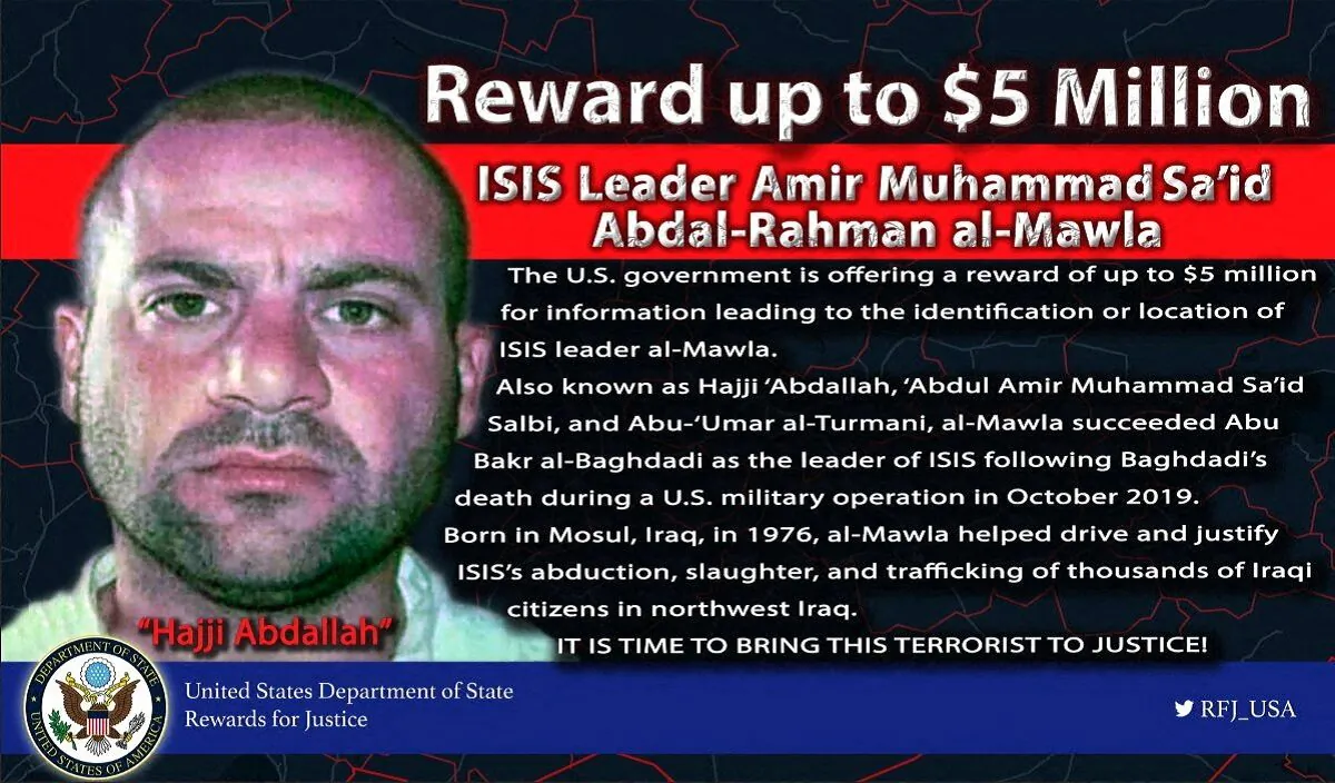 A 'wanted' notice for the ISIS jihadist group leader Abu Ibrahim al-Quraishi is seen in a handout image obtained by Reuters on Feb. 3, 2022. (U.S. State Department Rewards for Justice Program/@RFJ_USA/Handout via Reuters)