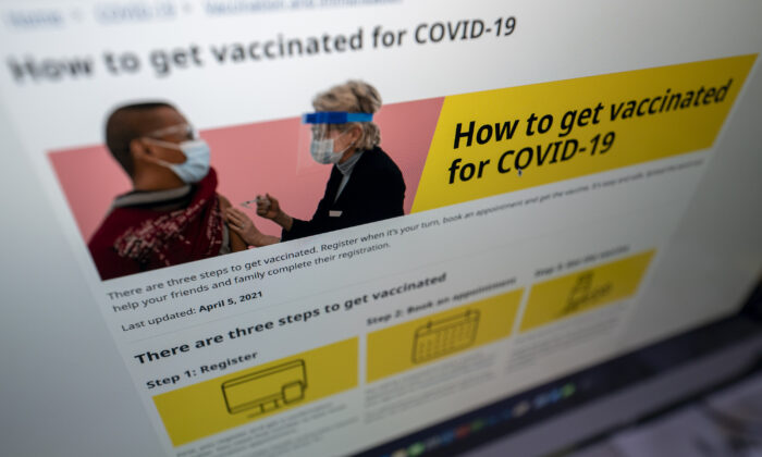 Vaccination information is shown on the government of British Columbia’s website on a computer in North Vancouver, B.C., on April 5, 2021. (The Canadian Press/Jonathan Hayward)