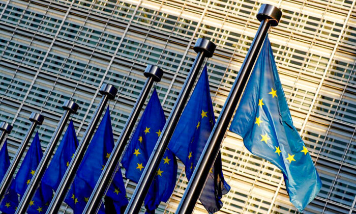 2018 年 11 月 14 日，在布鲁塞尔欧盟委员会总部外可以看到欧盟旗帜。（Francois Lenoir/路透社）