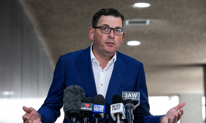 Victorian Premier Daniel Andrews addresses the media during a press conference in Melbourne, Australia, on Jan. 11, 2022. (Diego Fedele/Getty Images)