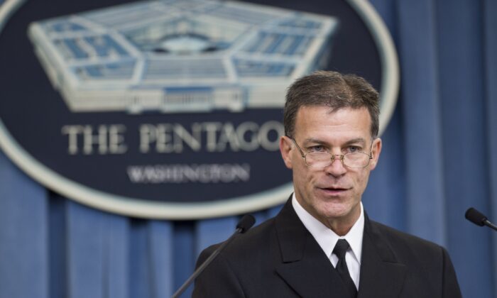 US Deputy Chief of Naval Operations Vice Admiral John Aquilino speaks about the results of an investigation into a January incident where Iranian forces detained 10 US Navy personnel, during a press briefing at the Pentagon in Washington, DC, June 30, 2016. - The US Navy is to discipline eight officers and enlisted personnel after Iran briefly captured two small patrol boats in a humiliating incident in January, an official said Thursday. (Photo by SAUL LOEB / AFP) (Photo by SAUL LOEB/AFP via Getty Images)