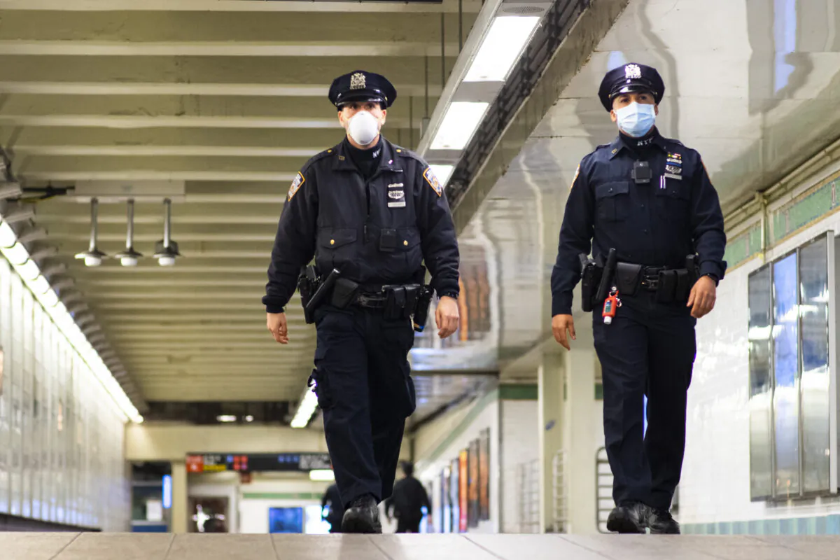 NYPD officers patrol inside Times Square station in New York on May 6, 2020. (Eduardo Munoz Alvarez/Getty Images)