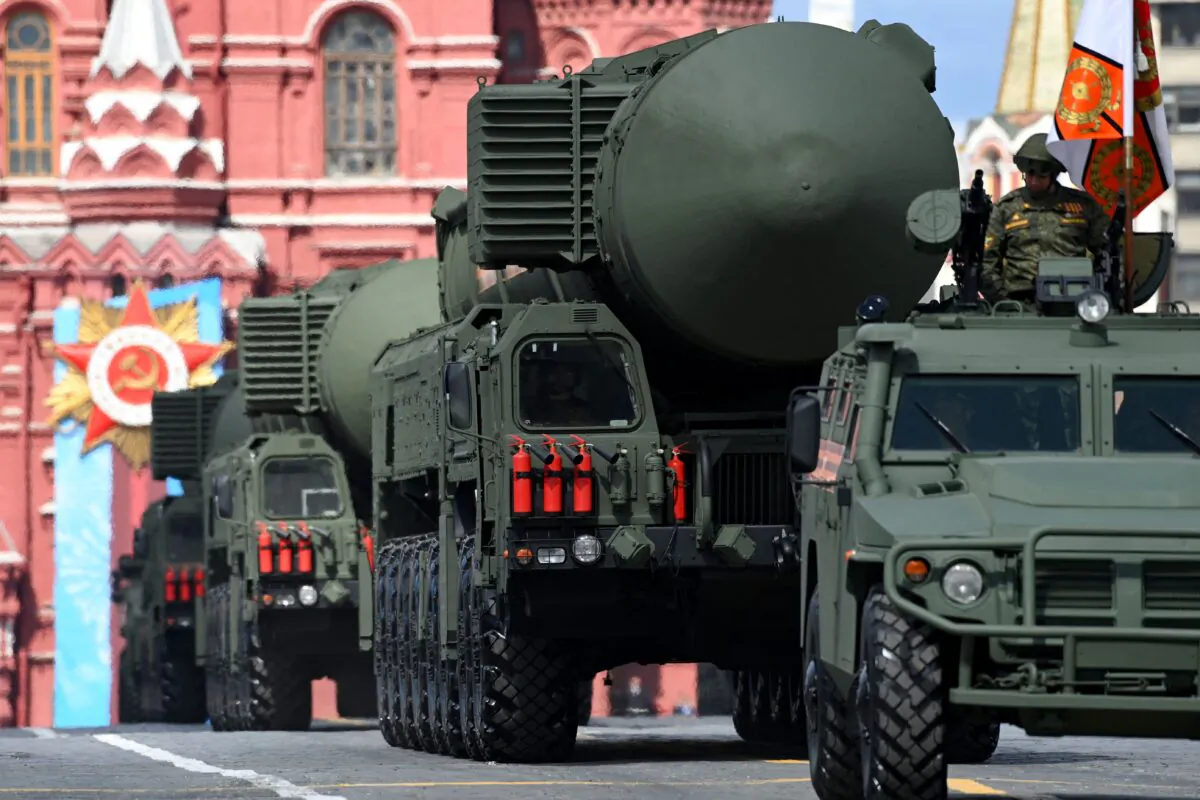 Russian Yars RS-24 intercontinental ballistic missile systems move through Red Square in Moscow, Russia, on May 7, 2021. (Kirill Kudryavtsev/AFP via Getty Images)