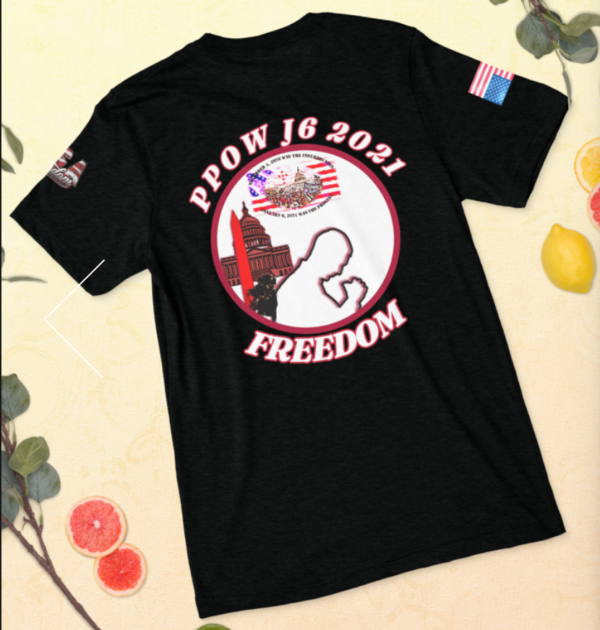 "Political Prisoner of War" t-Shirt from online store created by Angel Harrelson to raise money to buy her husband's food at the jail commissary. 