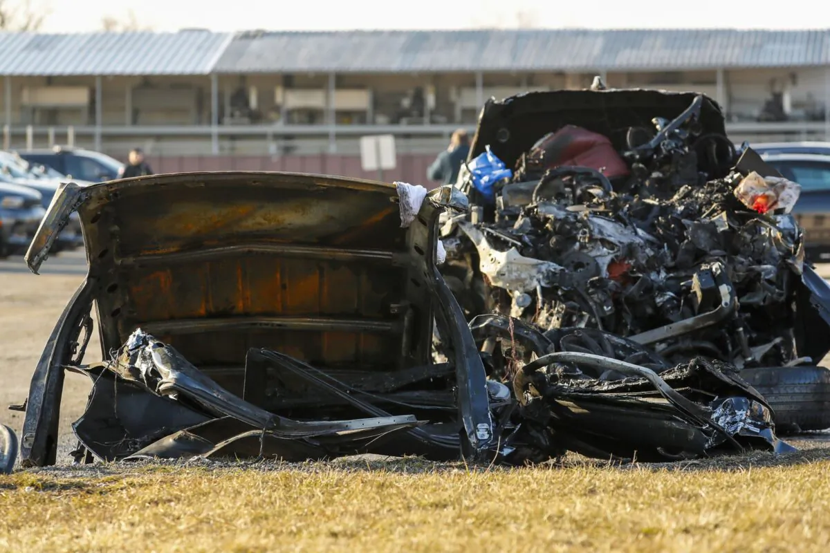Four people were killed when a vehicle, shown here at the Harvey police station, collided with a train near 155th and Halsted streets in south suburban Phoenix, on March 9, 2022. (Jose M. Osorio/Chicago Tribune/TNS)