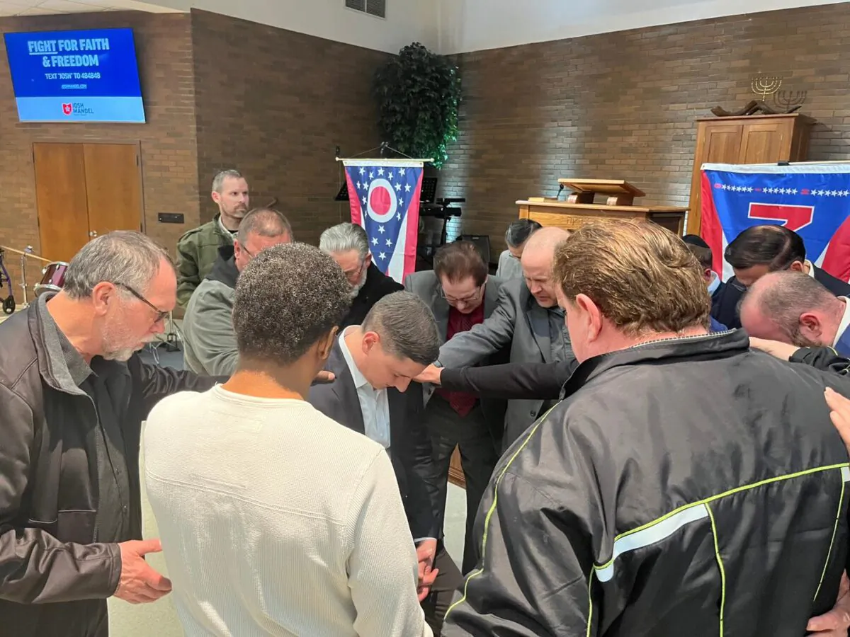 A group of pastors pray with Ohio Republican U.S. Senate candidate Josh Mandel at a "Faith and Freedom" rally in Mansfield, Ohio in early March. (Courtesy of Josh Mandel)