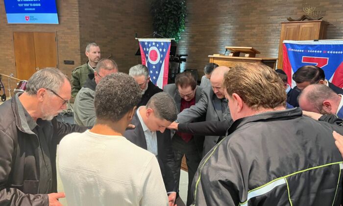 A group of pastors pray with Ohio Republican U.S. Senate candidate Josh Mandel at a "Faith and Freedom" rally in Mansfield, Ohio in early March. (Courtesy of Josh Mandel)