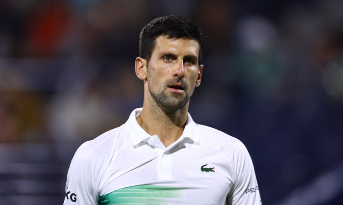 Novak Djokovic of Serbia at Dubai Duty Free Tennis Stadium in Dubai, United Arab Emirates, on Feb. 21, 2022. (Francois Nel/Getty Images)