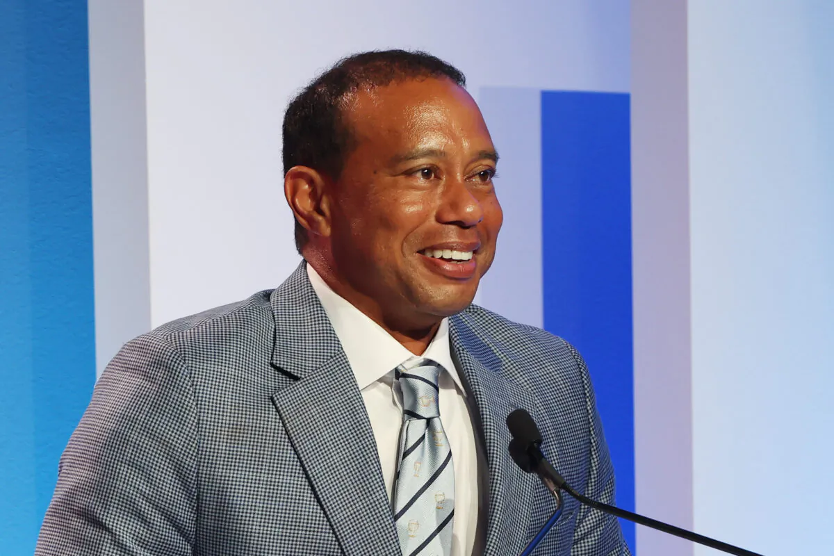 Inductee Tiger Woods speaks during the 2022 World Golf Hall of Fame Induction at the PGA TOUR Global Home in Ponte Vedra Beach, Fla., on March 9, 2022 (Sam Greenwood/Getty Images)