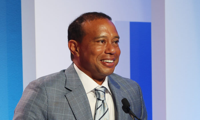 Inductee Tiger Woods speaks during the 2022 World Golf Hall of Fame Induction at the PGA TOUR Global Home in Ponte Vedra Beach, Fla., on March 9, 2022 (Sam Greenwood/Getty Images)