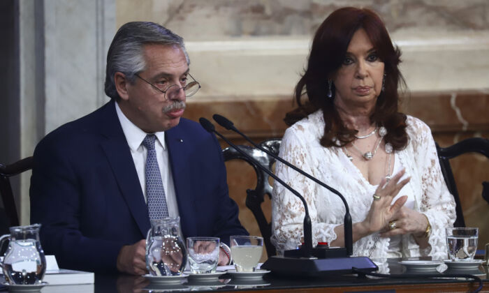 President of Argentina Alberto Fernandez delivers his speech next to Vice President Cristina Fernandez during the opening of the 140th period of the Argentine Congress 2022 on March 1, 2022, in Buenos Aires, Argentina. (Matias Baglietto/Getty Images)